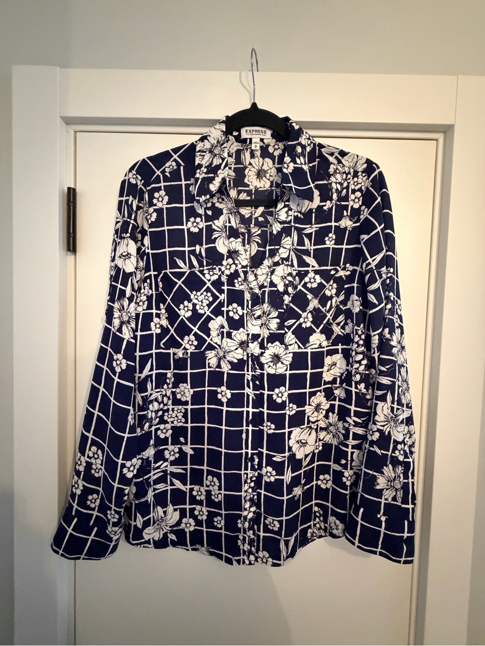 Express Portofino Navy Floral Grid Button-Down Shirt